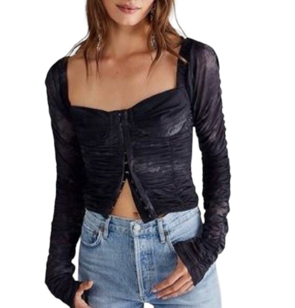Free People All Night Corset Top Size S Black Gray Boho Goth Grunge